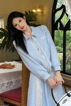Blue and White Striped Lace Splicing Jacket with Lace Spliced Skirt Set - Y2K Inspired Fashion Ensemble
