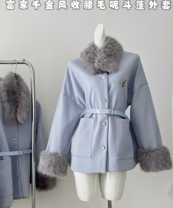 Blue Angel Mid-Length Woolen Cape Coat for Kids - Waist-Defined Design for Autumn and Winter Fashion