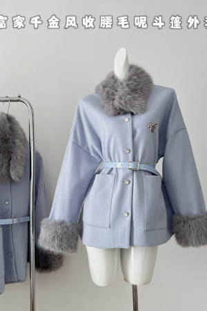Blue Angel Mid-Length Woolen Cape Coat for Kids - Waist-Defined Design for Autumn and Winter Fashion