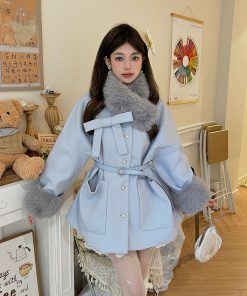 Blue Angel Mid-Length Woolen Cape Coat for Kids - Waist-Defined Design for Autumn and Winter Fashion