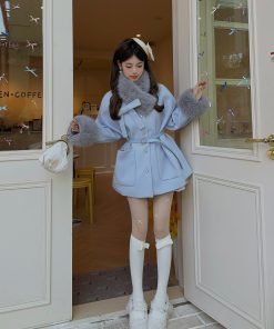 Blue Angel Mid-Length Woolen Cape Coat for Kids - Waist-Defined Design for Autumn and Winter Fashion