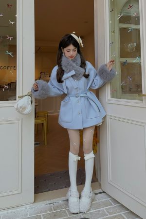 Blue Angel Mid-Length Woolen Cape Coat for Kids - Waist-Defined Design for Autumn and Winter Fashion