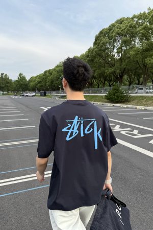 Blue Back Letter Print Short Sleeve T-Shirt for Men - Summer American Street Style, Loose Fit, Casual Fashion