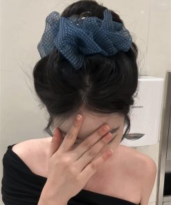 Blue Checkered Bubble Mesh Claw Clip Hair Accessory - Large Cloud Puff Shark Clip for Back of Head - Y2K Style Hair Clip