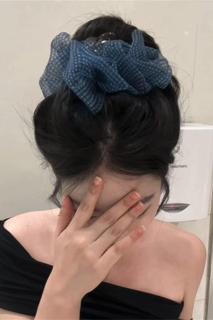 Blue Checkered Bubble Mesh Claw Clip Hair Accessory - Large Cloud Puff Shark Clip for Back of Head - Y2K Style Hair Clip
