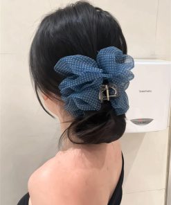 Blue Checkered Bubble Mesh Claw Clip Hair Accessory - Large Cloud Puff Shark Clip for Back of Head - Y2K Style Hair Clip
