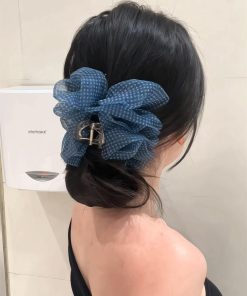 Blue Checkered Bubble Mesh Claw Clip Hair Accessory - Large Cloud Puff Shark Clip for Back of Head - Y2K Style Hair Clip