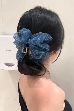 Blue Checkered Bubble Mesh Claw Clip Hair Accessory - Large Cloud Puff Shark Clip for Back of Head - Y2K Style Hair Clip