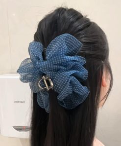 Blue Checkered Bubble Mesh Claw Clip Hair Accessory - Large Cloud Puff Shark Clip for Back of Head - Y2K Style Hair Clip