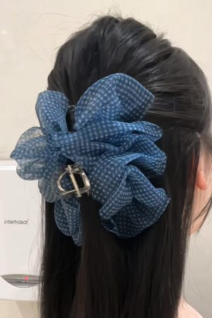 Blue Checkered Bubble Mesh Claw Clip Hair Accessory - Large Cloud Puff Shark Clip for Back of Head - Y2K Style Hair Clip