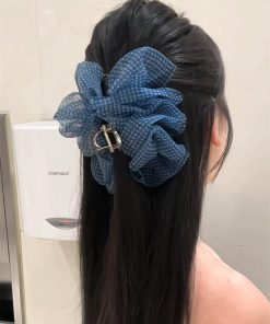 Blue Checkered Bubble Mesh Claw Clip Hair Accessory - Large Cloud Puff Shark Clip for Back of Head - Y2K Style Hair Clip