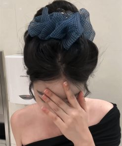 Blue Checkered Bubble Mesh Claw Clip Hair Accessory - Large Cloud Puff Shark Clip for Back of Head - Y2K Style Hair Clip