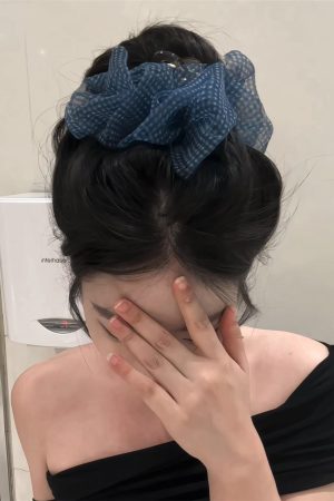 Blue Checkered Bubble Mesh Claw Clip Hair Accessory - Large Cloud Puff Shark Clip for Back of Head - Y2K Style Hair Clip