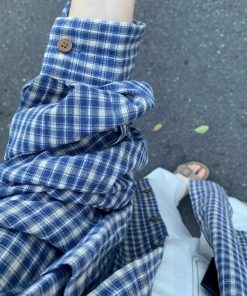 Blue Checkered Long Sleeve Shirt for Women - French Style Loose Summer Top, Sun-Protective, Trendy Casual Fashion for 2025