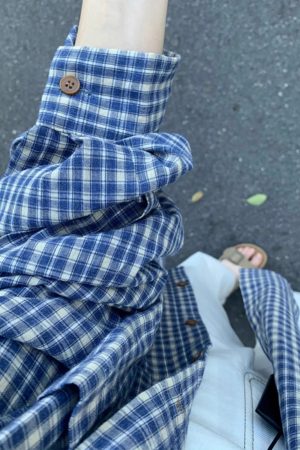 Blue Checkered Long Sleeve Shirt for Women - French Style Loose Summer Top, Sun-Protective, Trendy Casual Fashion for 2025