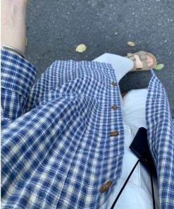 Blue Checkered Long Sleeve Shirt for Women - French Style Loose Summer Top, Sun-Protective, Trendy Casual Fashion for 2025