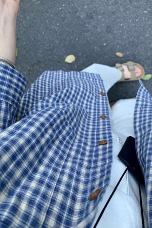Blue Checkered Long Sleeve Shirt for Women - French Style Loose Summer Top, Sun-Protective, Trendy Casual Fashion for 2025