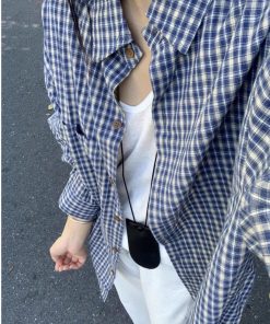 Blue Checkered Long Sleeve Shirt for Women - French Style Loose Summer Top, Sun-Protective, Trendy Casual Fashion for 2025