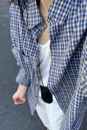 Blue Checkered Long Sleeve Shirt for Women - French Style Loose Summer Top, Sun-Protective, Trendy Casual Fashion for 2025