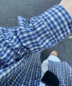 Blue Checkered Long Sleeve Shirt for Women - French Style Loose Summer Top, Sun-Protective, Trendy Casual Fashion for 2025