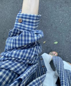 Blue Checkered Long Sleeve Shirt for Women - French Style Loose Summer Top, Sun-Protective, Trendy Casual Fashion for 2025