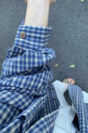 Blue Checkered Long Sleeve Shirt for Women - French Style Loose Summer Top, Sun-Protective, Trendy Casual Fashion for 2025