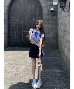 Blue College Style Shirt and Pleated Skirt Set for Women, High-End JK Top and Short Skirt, Summer 2025 Fashion