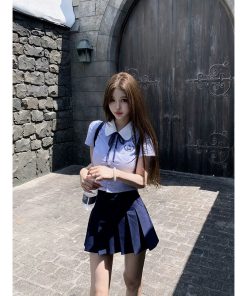 Blue College Style Shirt and Pleated Skirt Set for Women, High-End JK Top and Short Skirt, Summer 2025 Fashion