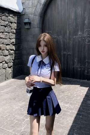 Blue College Style Shirt and Pleated Skirt Set for Women, High-End JK Top and Short Skirt, Summer 2025 Fashion