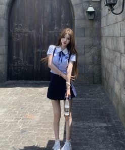 Blue College Style Shirt and Pleated Skirt Set for Women, High-End JK Top and Short Skirt, Summer 2025 Fashion