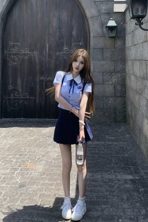 Blue College Style Shirt and Pleated Skirt Set for Women, High-End JK Top and Short Skirt, Summer 2025 Fashion