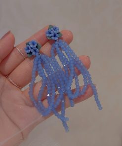 Blue Crystal Bead Stud Earrings with Tassel Flower Design - Versatile Light Luxury Vacation Style Ear Accessories for Women