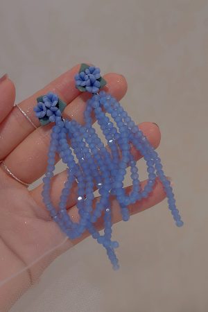 Blue Crystal Bead Stud Earrings with Tassel Flower Design - Versatile Light Luxury Vacation Style Ear Accessories for Women