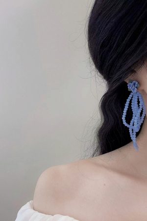 Blue Crystal Bead Stud Earrings with Tassel Flower Design - Versatile Light Luxury Vacation Style Ear Accessories for Women