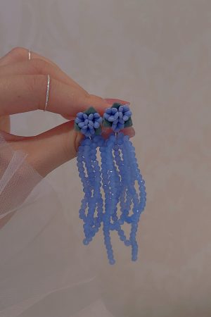 Blue Crystal Bead Stud Earrings with Tassel Flower Design - Versatile Light Luxury Vacation Style Ear Accessories for Women