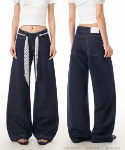 Blue Curved Blade Jeans for Women - Trendy Washed Loose Straight Wide-Leg Pants in 90s American Style