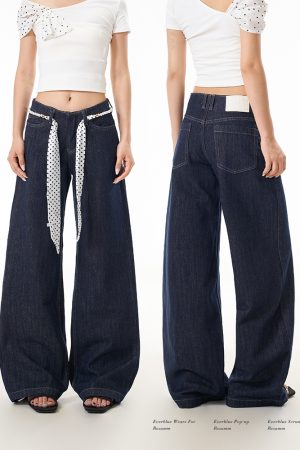 Blue Curved Blade Jeans for Women - Trendy Washed Loose Straight Wide-Leg Pants in 90s American Style