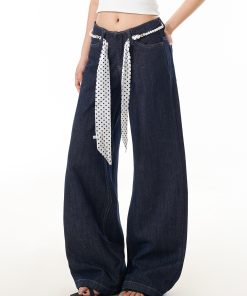 Blue Curved Blade Jeans for Women - Trendy Washed Loose Straight Wide-Leg Pants in 90s American Style