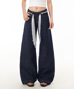 Blue Curved Blade Jeans for Women - Trendy Washed Loose Straight Wide-Leg Pants in 90s American Style