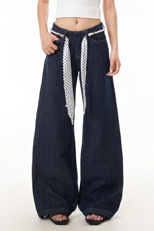 Blue Curved Blade Jeans for Women - Trendy Washed Loose Straight Wide-Leg Pants in 90s American Style