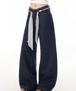 Blue Curved Blade Jeans for Women - Trendy Washed Loose Straight Wide-Leg Pants in 90s American Style
