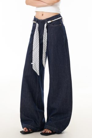 Blue Curved Blade Jeans for Women - Trendy Washed Loose Straight Wide-Leg Pants in 90s American Style