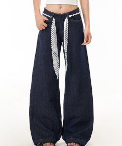Blue Curved Blade Jeans for Women - Trendy Washed Loose Straight Wide-Leg Pants in 90s American Style