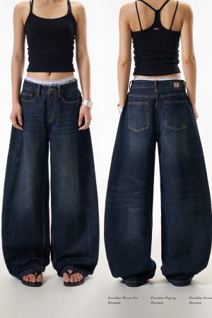 Blue Denim Loose Straight Leg Jeans for Women - High Street American Style Slimming Curved Blade Pants