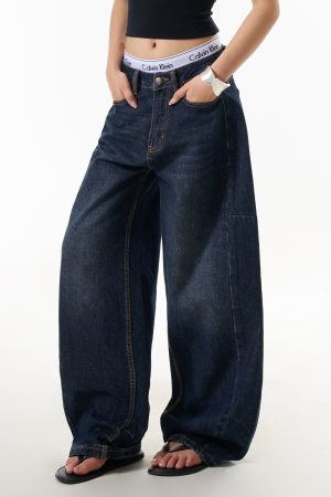 Blue Denim Loose Straight Leg Jeans for Women - High Street American Style Slimming Curved Blade Pants