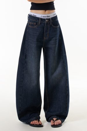 Blue Denim Loose Straight Leg Jeans for Women - High Street American Style Slimming Curved Blade Pants