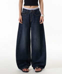 Blue Denim Loose Straight Leg Jeans for Women - High Street American Style Slimming Curved Blade Pants