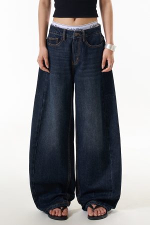 Blue Denim Loose Straight Leg Jeans for Women - High Street American Style Slimming Curved Blade Pants