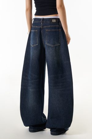 Blue Denim Loose Straight Leg Jeans for Women - High Street American Style Slimming Curved Blade Pants