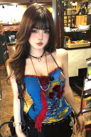 Blue Dye French Lace Halter Floral Camisole Women's Summer Waist-Cinching Slim Short Top - Y2K Style